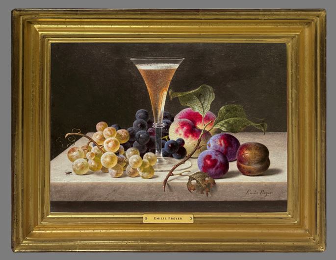 Emilie Preyer - Still life with grapes, peach, plums and a Champagne flute | MasterArt